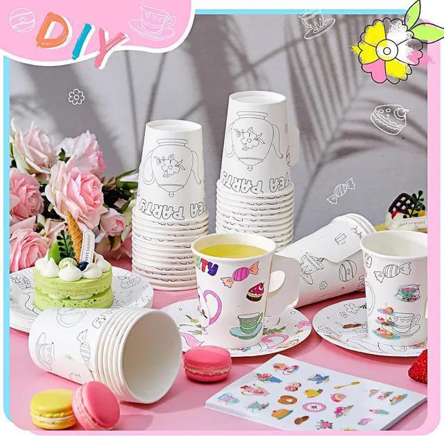 Alt view image 5 of 7 - Lenwen 24 Set Color Your Own Tea Party Cups with Handle, DIY Coloring 8 oz Treat Paper Cups and Plates Snack Dessert Ice Cream Teacup Includes Stickers for Party, Decoration and Crafts (Floral)