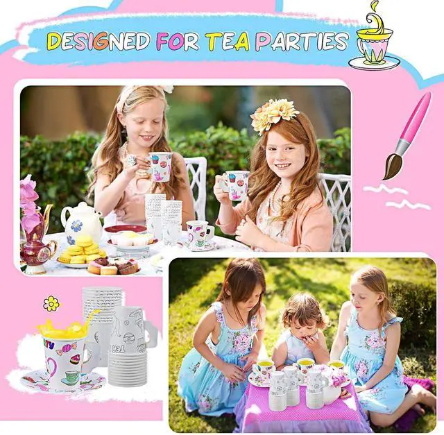 Alt view image 6 of 7 - Lenwen 24 Set Color Your Own Tea Party Cups with Handle, DIY Coloring 8 oz Treat Paper Cups and Plates Snack Dessert Ice Cream Teacup Includes Stickers for Party, Decoration and Crafts (Floral)