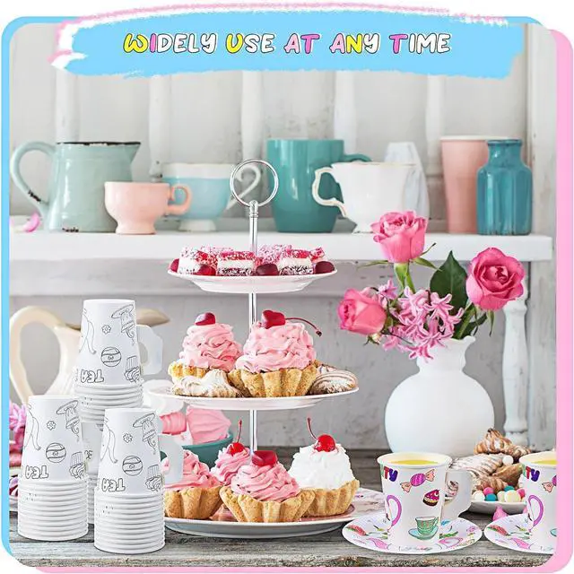 Alt view image 7 of 7 - Lenwen 24 Set Color Your Own Tea Party Cups with Handle, DIY Coloring 8 oz Treat Paper Cups and Plates Snack Dessert Ice Cream Teacup Includes Stickers for Party, Decoration and Crafts (Floral)