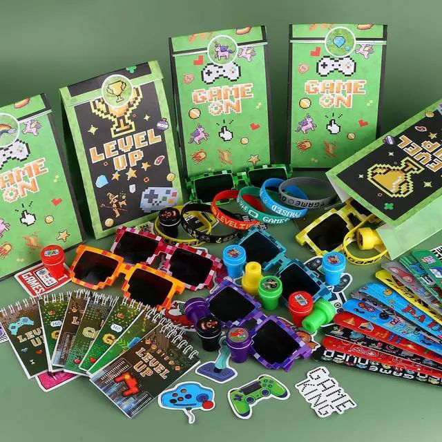 Alt view image 5 of 5 - LiYiQ 122 Pcs Video Game Party Favors With Video Game Sunglasses Slap Bracelets Notebook Stamps Stickers and Gift Bag for Video Game Gamer Birthday Party Supplies