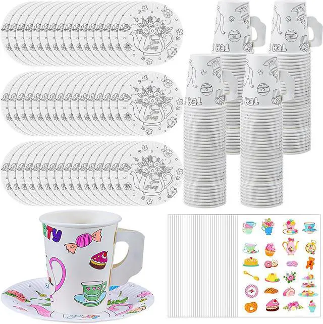 Main image of Lenwen 24 Set Color Your Own Tea Party Cups with Handle, DIY Coloring 8 oz Treat Paper Cups and Plates Snack Dessert Ice Cream Teacup Includes Stickers for Party, Decoration and Crafts (Floral)