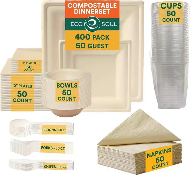 Main image of EcoSoul Disposable Paper Plates Pack of 400 (for 50 guest) Compostable Dinnerware set, Bowls, Heavy-duty Utensil, Biodegradable Napkins, Eco-friendly Sugarcane Set for Party Camping