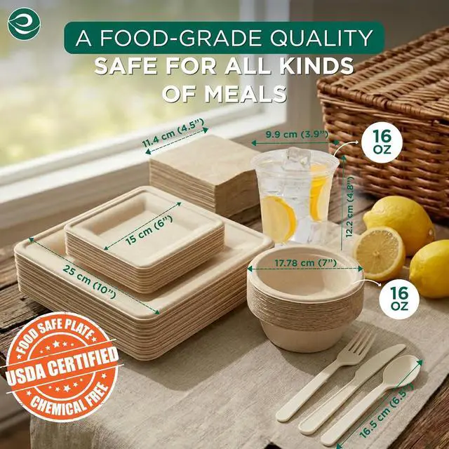Alt view image 2 of 7 - EcoSoul Disposable Paper Plates Pack of 400 (for 50 guest) Compostable Dinnerware set, Bowls, Heavy-duty Utensil, Biodegradable Napkins, Eco-friendly Sugarcane Set for Party Camping