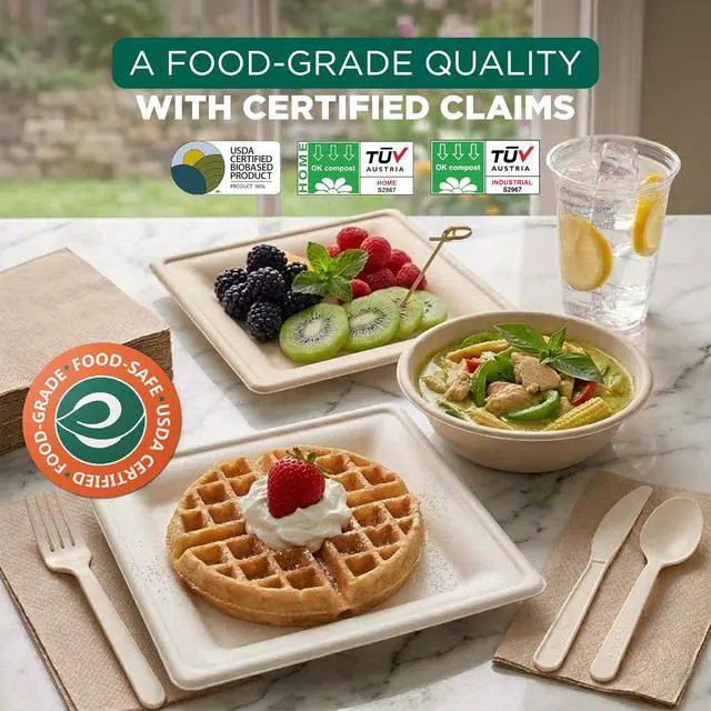 Alt view image 3 of 7 - EcoSoul Disposable Paper Plates Pack of 400 (for 50 guest) Compostable Dinnerware set, Bowls, Heavy-duty Utensil, Biodegradable Napkins, Eco-friendly Sugarcane Set for Party Camping