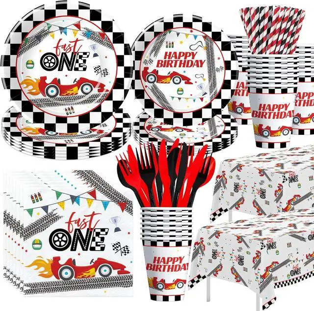 Main image of Xigejob Race Car 1st Birthday Party Supplies - Race Car Theme Fast One Birthday Decorations Tableware, Paper Plate, Napkin, Cup, Tablecloth, Disposable Cutlery | Serves 24