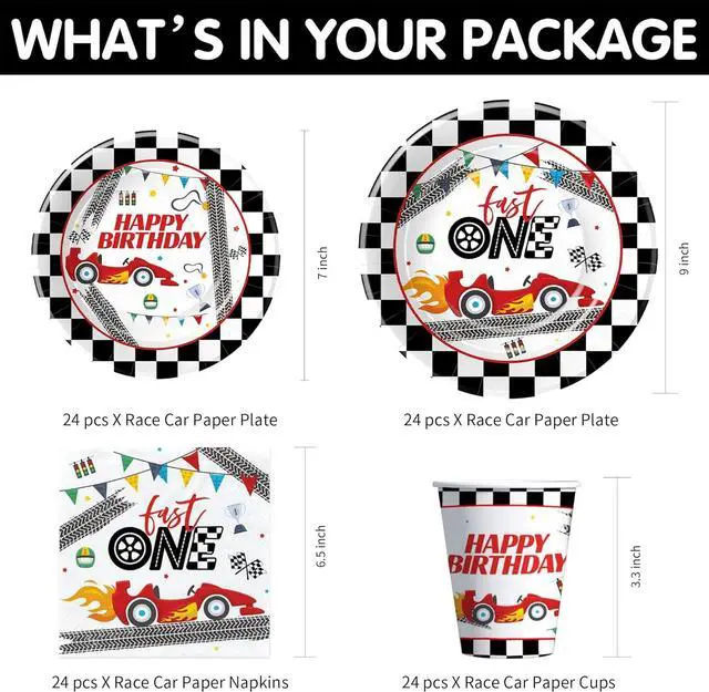 Alt view image 2 of 7 - Xigejob Race Car 1st Birthday Party Supplies - Race Car Theme Fast One Birthday Decorations Tableware, Paper Plate, Napkin, Cup, Tablecloth, Disposable Cutlery | Serves 24