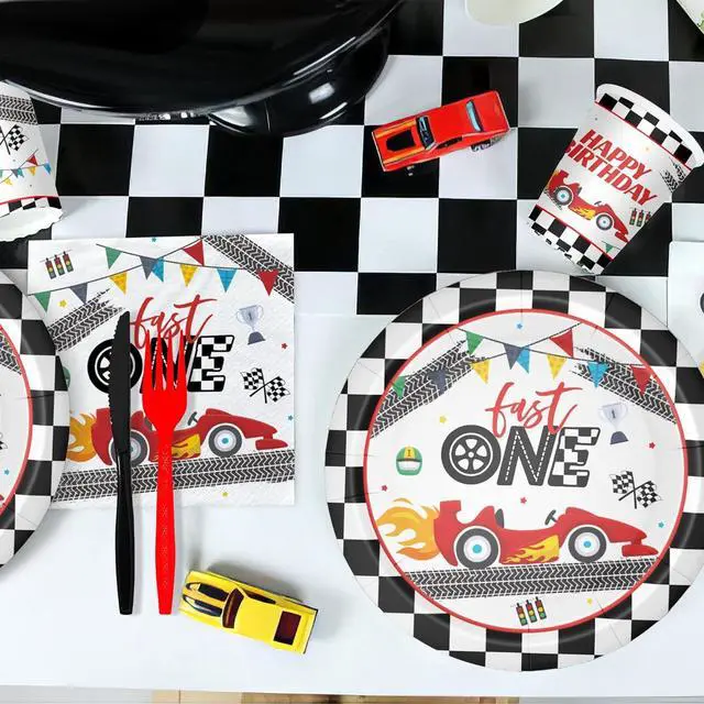 Alt view image 4 of 7 - Xigejob Race Car 1st Birthday Party Supplies - Race Car Theme Fast One Birthday Decorations Tableware, Paper Plate, Napkin, Cup, Tablecloth, Disposable Cutlery | Serves 24