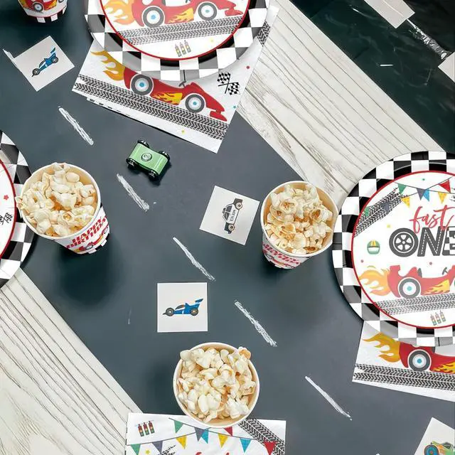 Alt view image 5 of 7 - Xigejob Race Car 1st Birthday Party Supplies - Race Car Theme Fast One Birthday Decorations Tableware, Paper Plate, Napkin, Cup, Tablecloth, Disposable Cutlery | Serves 24