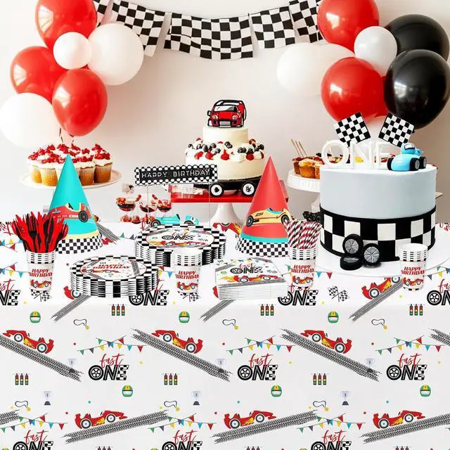 Alt view image 6 of 7 - Xigejob Race Car 1st Birthday Party Supplies - Race Car Theme Fast One Birthday Decorations Tableware, Paper Plate, Napkin, Cup, Tablecloth, Disposable Cutlery | Serves 24