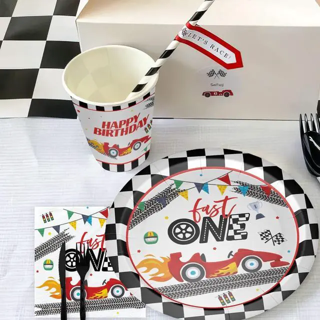 Alt view image 7 of 7 - Xigejob Race Car 1st Birthday Party Supplies - Race Car Theme Fast One Birthday Decorations Tableware, Paper Plate, Napkin, Cup, Tablecloth, Disposable Cutlery | Serves 24