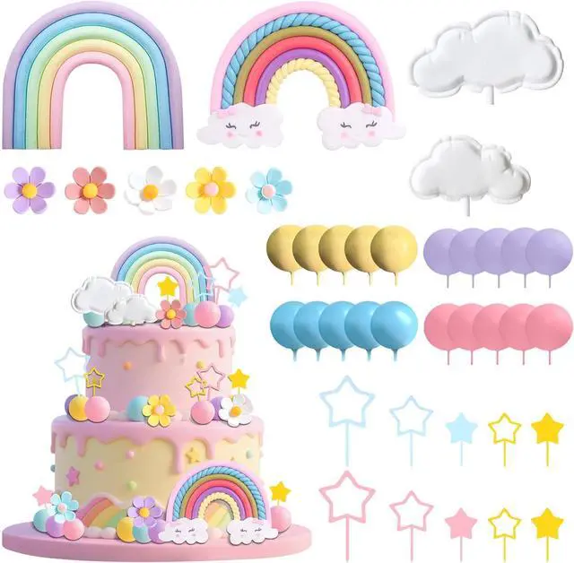 Main image of Rainbow Cake Topper Rainbow Theme Party Supplies Pastel Balls Cake Topper