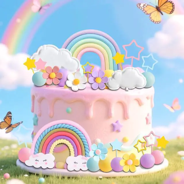 Alt view image 6 of 6 - Rainbow Cake Topper Rainbow Theme Party Supplies Pastel Balls Cake Topper