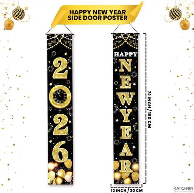 Alt view image 2 of 7 - KatchOn XtraLarge 2026 Happy New Year Banner 72x12 Inch | Black and Gold Happy New Year Door Banner for New Years Decorations 2026 | Porch Banner for New Years Eve Party Supplies 2026 | NYE Decor
