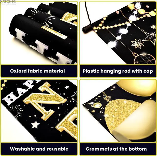 Alt view image 3 of 7 - KatchOn XtraLarge 2026 Happy New Year Banner 72x12 Inch | Black and Gold Happy New Year Door Banner for New Years Decorations 2026 | Porch Banner for New Years Eve Party Supplies 2026 | NYE Decor