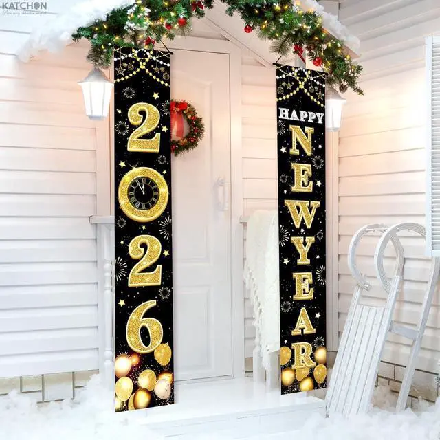 Alt view image 4 of 7 - KatchOn XtraLarge 2026 Happy New Year Banner 72x12 Inch | Black and Gold Happy New Year Door Banner for New Years Decorations 2026 | Porch Banner for New Years Eve Party Supplies 2026 | NYE Decor