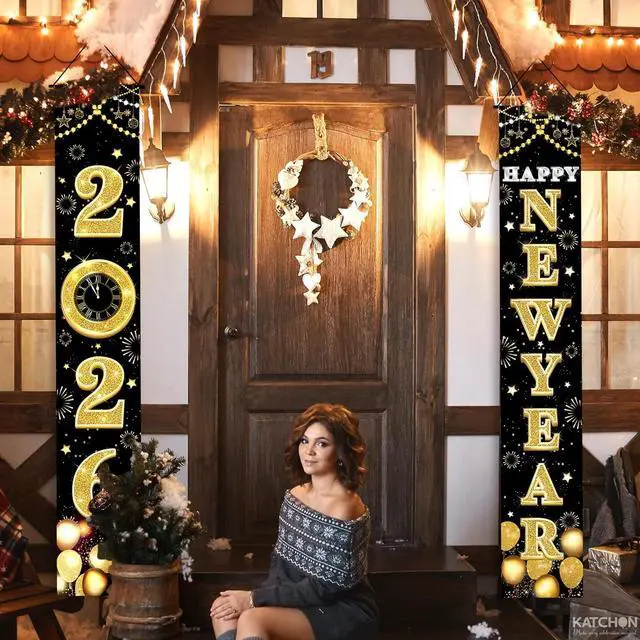 Alt view image 5 of 7 - KatchOn XtraLarge 2026 Happy New Year Banner 72x12 Inch | Black and Gold Happy New Year Door Banner for New Years Decorations 2026 | Porch Banner for New Years Eve Party Supplies 2026 | NYE Decor