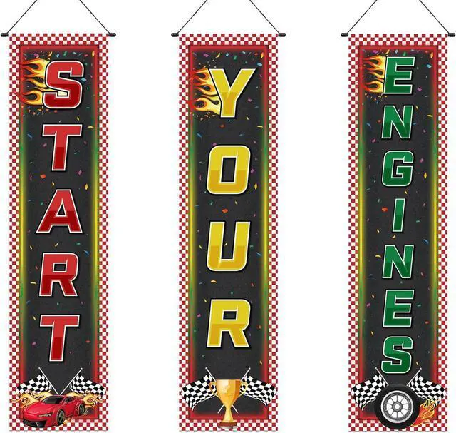 Main image of Tiamon 3 Pcs Racing Fans Banners Race Cars Birthday Decor Checkered Hanging Banner Truck Flag for Holiday Gifts Indoor Outdoor Car Game Supplies Indy 500 Party Birthday School Event Decoration