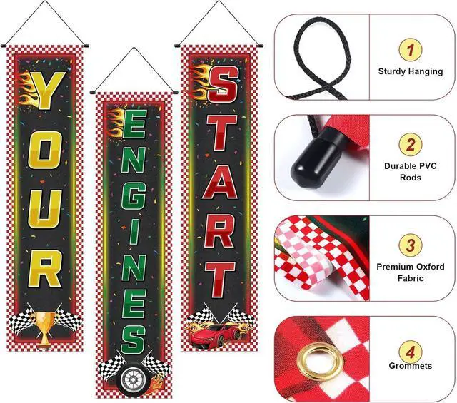 Alt view image 2 of 7 - Tiamon 3 Pcs Racing Fans Banners Race Cars Birthday Decor Checkered Hanging Banner Truck Flag for Holiday Gifts Indoor Outdoor Car Game Supplies Indy 500 Party Birthday School Event Decoration