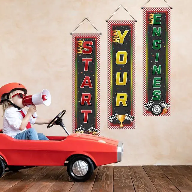 Alt view image 5 of 7 - Tiamon 3 Pcs Racing Fans Banners Race Cars Birthday Decor Checkered Hanging Banner Truck Flag for Holiday Gifts Indoor Outdoor Car Game Supplies Indy 500 Party Birthday School Event Decoration