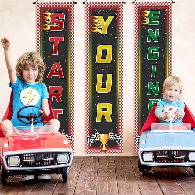 Alt view image 6 of 7 - Tiamon 3 Pcs Racing Fans Banners Race Cars Birthday Decor Checkered Hanging Banner Truck Flag for Holiday Gifts Indoor Outdoor Car Game Supplies Indy 500 Party Birthday School Event Decoration
