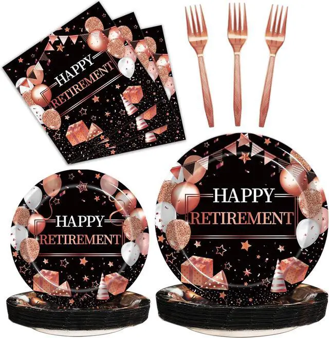 Main image of Kepeel 96 Pcs Retirement Party Plates and Napkins Set, Rose Gold Happy Retirement Party Supplies Decorations for Women Going Away Party Disposable Dinnerware Set, Serves 24