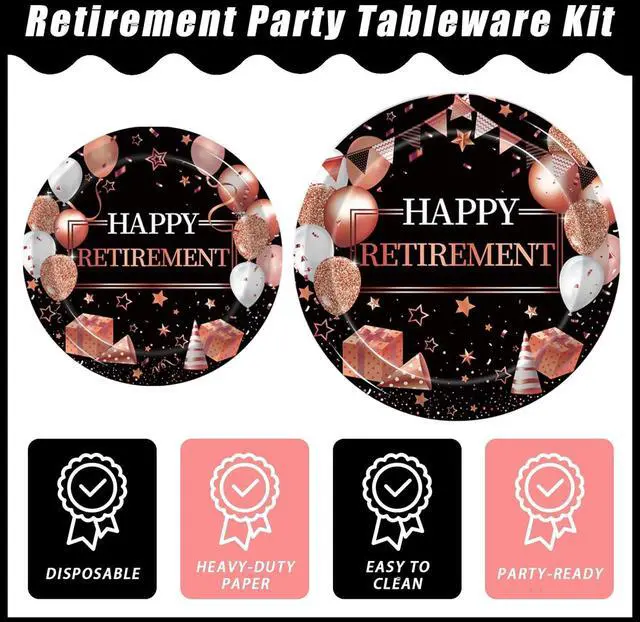 Alt view image 3 of 7 - Kepeel 96 Pcs Retirement Party Plates and Napkins Set, Rose Gold Happy Retirement Party Supplies Decorations for Women Going Away Party Disposable Dinnerware Set, Serves 24