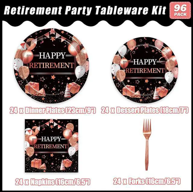 Alt view image 2 of 7 - Kepeel 96 Pcs Retirement Party Plates and Napkins Set, Rose Gold Happy Retirement Party Supplies Decorations for Women Going Away Party Disposable Dinnerware Set, Serves 24