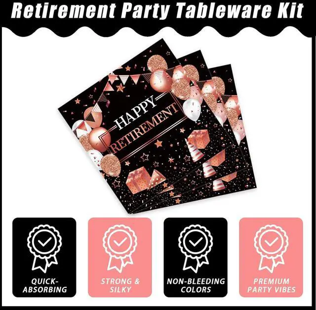 Alt view image 4 of 7 - Kepeel 96 Pcs Retirement Party Plates and Napkins Set, Rose Gold Happy Retirement Party Supplies Decorations for Women Going Away Party Disposable Dinnerware Set, Serves 24