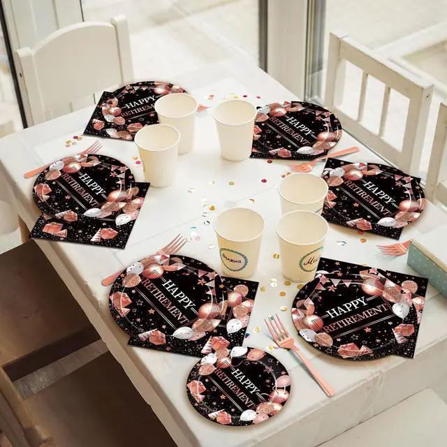 Alt view image 5 of 7 - Kepeel 96 Pcs Retirement Party Plates and Napkins Set, Rose Gold Happy Retirement Party Supplies Decorations for Women Going Away Party Disposable Dinnerware Set, Serves 24