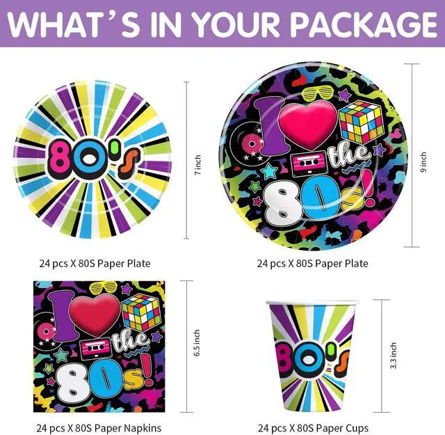Alt view image 2 of 7 - 80's Party Decorations Tableware - 80's Theme Party Supplies Include Paper Plate, Cups, Napkins, Tablecloth, Cutlery, Straws, 80s Birthday Party Decorations and Supplies Dinnerware | Serve 24