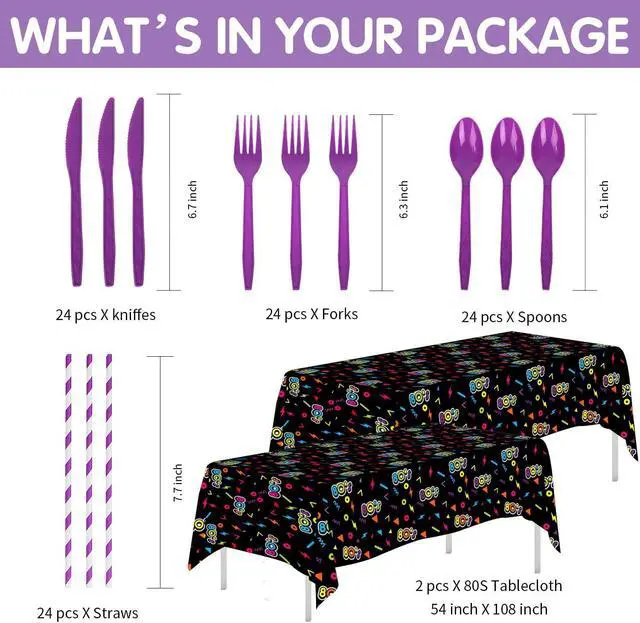 Alt view image 3 of 7 - 80's Party Decorations Tableware - 80's Theme Party Supplies Include Paper Plate, Cups, Napkins, Tablecloth, Cutlery, Straws, 80s Birthday Party Decorations and Supplies Dinnerware | Serve 24