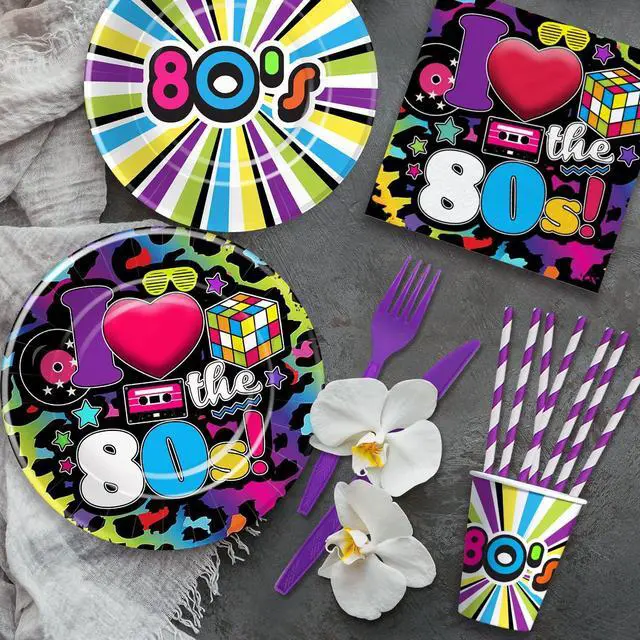 Alt view image 4 of 7 - 80's Party Decorations Tableware - 80's Theme Party Supplies Include Paper Plate, Cups, Napkins, Tablecloth, Cutlery, Straws, 80s Birthday Party Decorations and Supplies Dinnerware | Serve 24