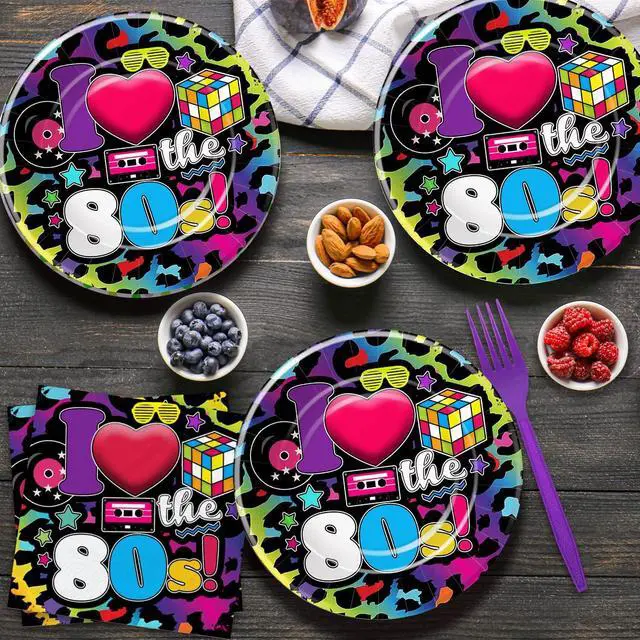 Alt view image 5 of 7 - 80's Party Decorations Tableware - 80's Theme Party Supplies Include Paper Plate, Cups, Napkins, Tablecloth, Cutlery, Straws, 80s Birthday Party Decorations and Supplies Dinnerware | Serve 24