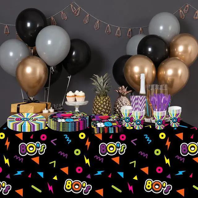 Alt view image 6 of 7 - 80's Party Decorations Tableware - 80's Theme Party Supplies Include Paper Plate, Cups, Napkins, Tablecloth, Cutlery, Straws, 80s Birthday Party Decorations and Supplies Dinnerware | Serve 24
