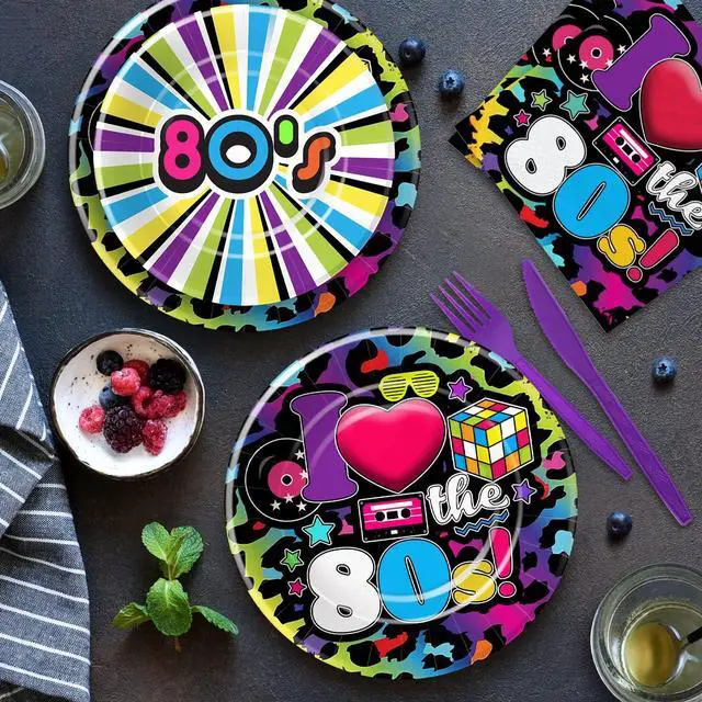 Alt view image 7 of 7 - 80's Party Decorations Tableware - 80's Theme Party Supplies Include Paper Plate, Cups, Napkins, Tablecloth, Cutlery, Straws, 80s Birthday Party Decorations and Supplies Dinnerware | Serve 24