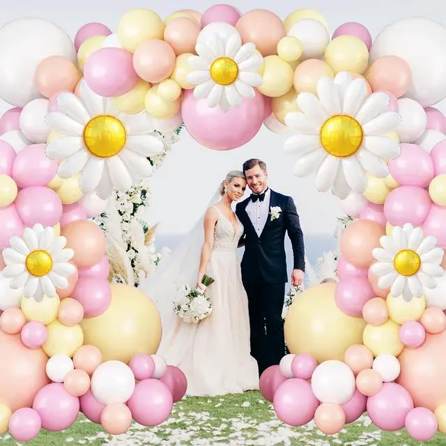 Alt view image 6 of 7 - Daisy Flower Balloon Garland Arch Kit 137 pcs Groovy Flower Foil Balloons Boho Pastel Pink Yellow White Orange Birthday Party Decorations for Girls Bridal Baby Shower Wedding Carnival Holiday