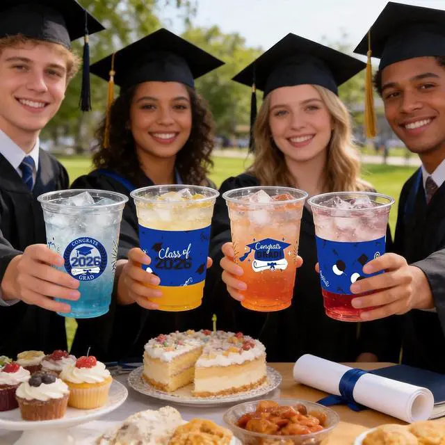 Alt view image 2 of 7 - 100 Pack Graduation Decorations Class of 2026, 16 Oz Blue and Black Graduation Clear Plastic Cups Disposable Party Cups for Drinks 2026 School Grad Party Favors Supplies