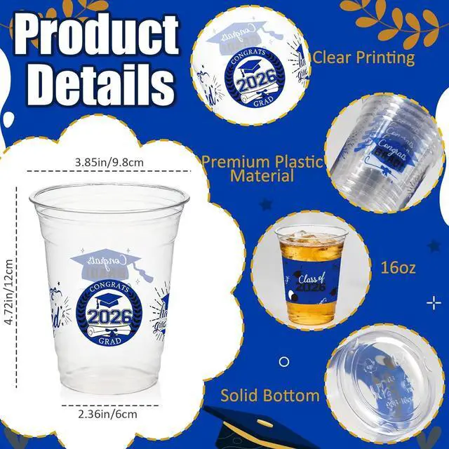 Alt view image 3 of 7 - 100 Pack Graduation Decorations Class of 2026, 16 Oz Blue and Black Graduation Clear Plastic Cups Disposable Party Cups for Drinks 2026 School Grad Party Favors Supplies