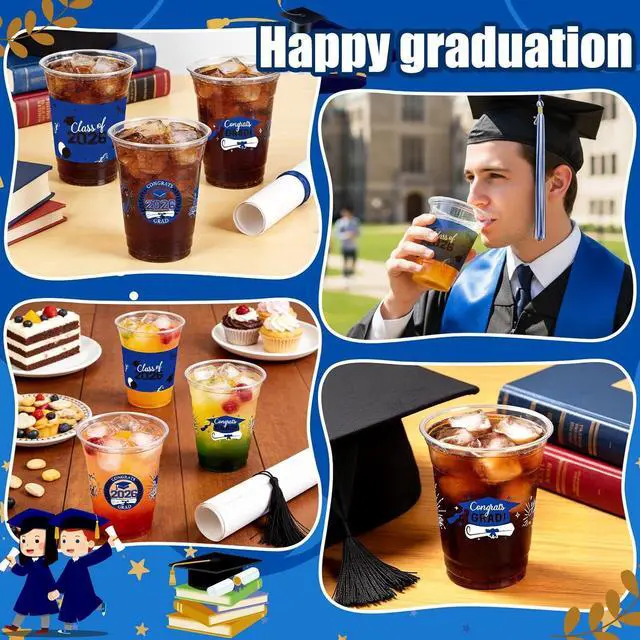 Alt view image 5 of 7 - 100 Pack Graduation Decorations Class of 2026, 16 Oz Blue and Black Graduation Clear Plastic Cups Disposable Party Cups for Drinks 2026 School Grad Party Favors Supplies