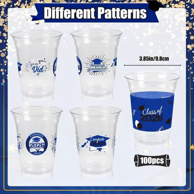 Alt view image 4 of 7 - 100 Pack Graduation Decorations Class of 2026, 16 Oz Blue and Black Graduation Clear Plastic Cups Disposable Party Cups for Drinks 2026 School Grad Party Favors Supplies