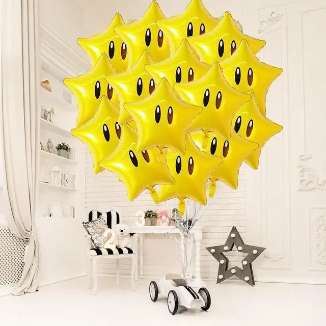 Alt view image 5 of 7 - 24pcs Super Gold Star Foil Balloons Cute Cartoon Yellow Balloon Video Game Star-Theme Happy Birthday Party Decorations for Boys Girls Kids, Baby Shower