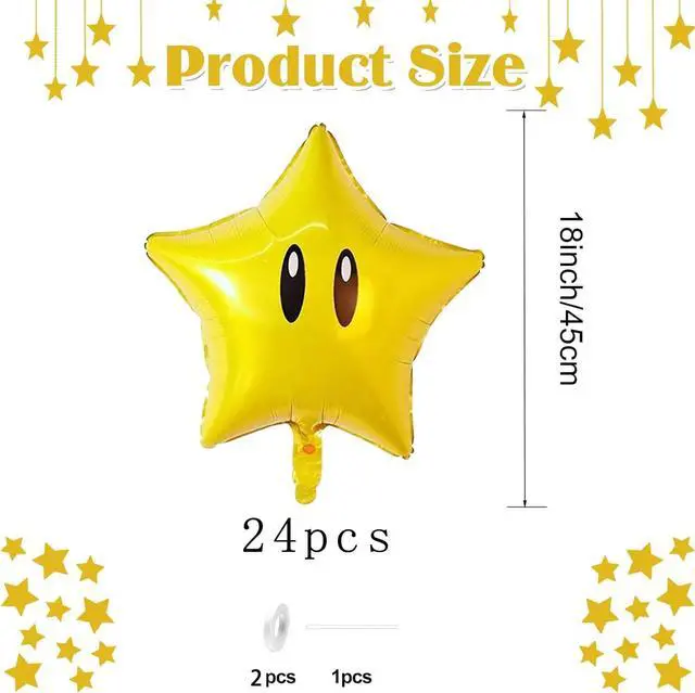Alt view image 2 of 7 - 24pcs Super Gold Star Foil Balloons Cute Cartoon Yellow Balloon Video Game Star-Theme Happy Birthday Party Decorations for Boys Girls Kids, Baby Shower