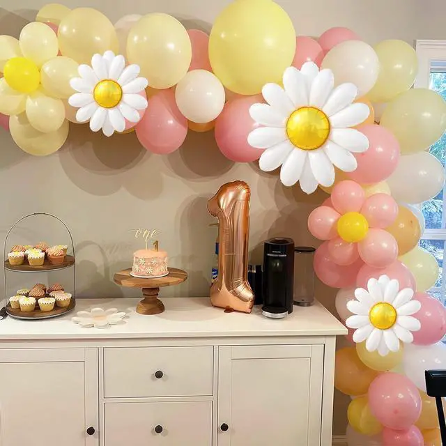 Alt view image 3 of 7 - Daisy Flower Balloon Garland Arch Kit 137 pcs Groovy Flower Foil Balloons Boho Pastel Pink Yellow White Orange Birthday Party Decorations for Girls Bridal Baby Shower Wedding Carnival Holiday