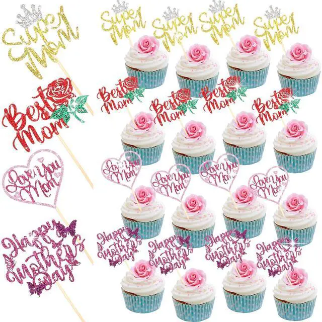 Main image of Spakon 60 Pcs Happy Mothers Day Cupcake Toppers Glitter Cake Toppers Cupcake Stickers Love You Mom Heart Mother Happy Birthday Party Supplies Icing Decorations (Classic Style,Multicolor)