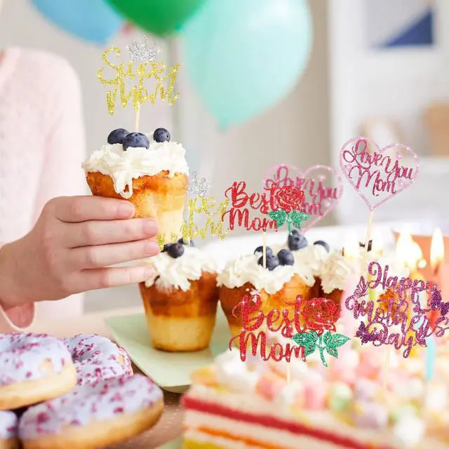 Alt view image 4 of 7 - Spakon 60 Pcs Happy Mothers Day Cupcake Toppers Glitter Cake Toppers Cupcake Stickers Love You Mom Heart Mother Happy Birthday Party Supplies Icing Decorations (Classic Style,Multicolor)