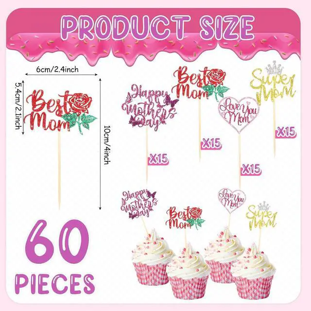 Alt view image 2 of 7 - Spakon 60 Pcs Happy Mothers Day Cupcake Toppers Glitter Cake Toppers Cupcake Stickers Love You Mom Heart Mother Happy Birthday Party Supplies Icing Decorations (Classic Style,Multicolor)