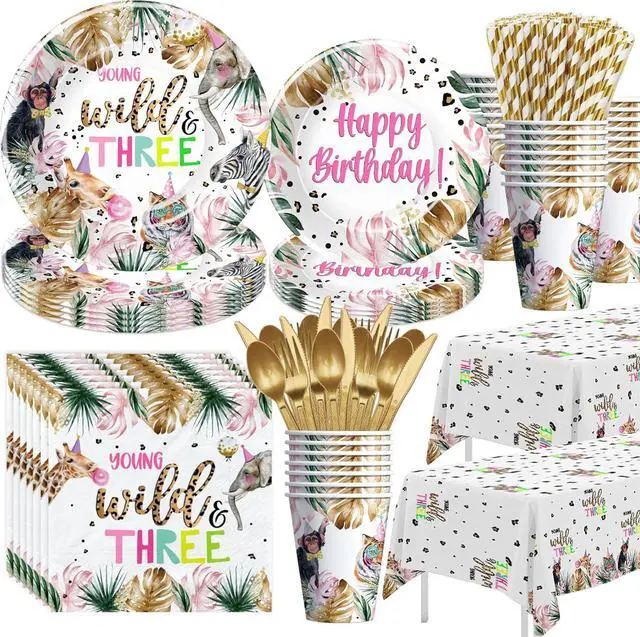 Main image of APOWBLS Young Wild And Three Decorations Girl Dinnerware, Safari 3rd Birthday Party Supplies, Plate, Cup, Napkin, Tablecloth, Cutlery, Straw, Animal Jungle 3 Year Old Birthday Decorations | Serves 24