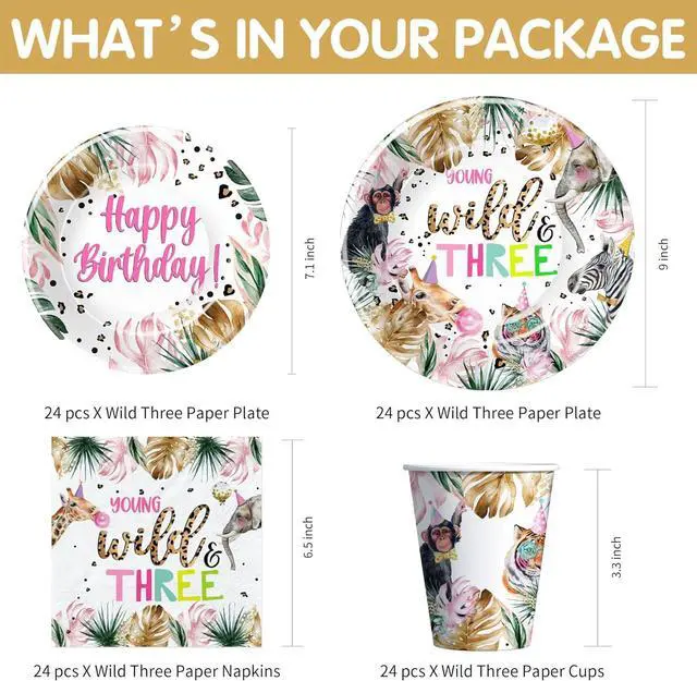Alt view image 2 of 7 - APOWBLS Young Wild And Three Decorations Girl Dinnerware, Safari 3rd Birthday Party Supplies, Plate, Cup, Napkin, Tablecloth, Cutlery, Straw, Animal Jungle 3 Year Old Birthday Decorations | Serves 24