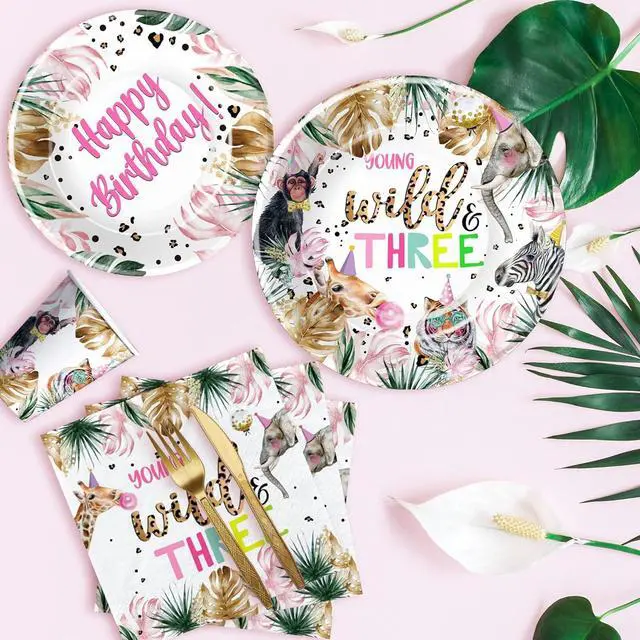 Alt view image 4 of 7 - APOWBLS Young Wild And Three Decorations Girl Dinnerware, Safari 3rd Birthday Party Supplies, Plate, Cup, Napkin, Tablecloth, Cutlery, Straw, Animal Jungle 3 Year Old Birthday Decorations | Serves 24