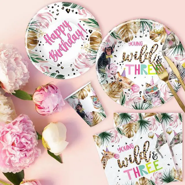 Alt view image 5 of 7 - APOWBLS Young Wild And Three Decorations Girl Dinnerware, Safari 3rd Birthday Party Supplies, Plate, Cup, Napkin, Tablecloth, Cutlery, Straw, Animal Jungle 3 Year Old Birthday Decorations | Serves 24